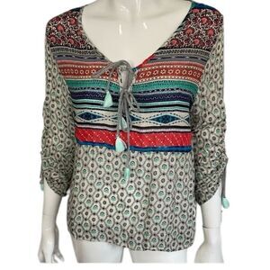 OndadeMar Multi Geometric Long Sleeves Tassel V-Neck Pullover Tunic Top Size S